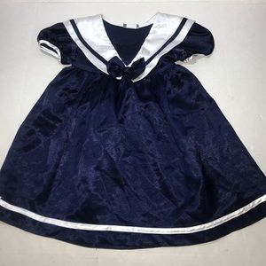 Vtg Moments Navy & White Satin Sailor Baby Dress Sz 3T Classic Collar Easter